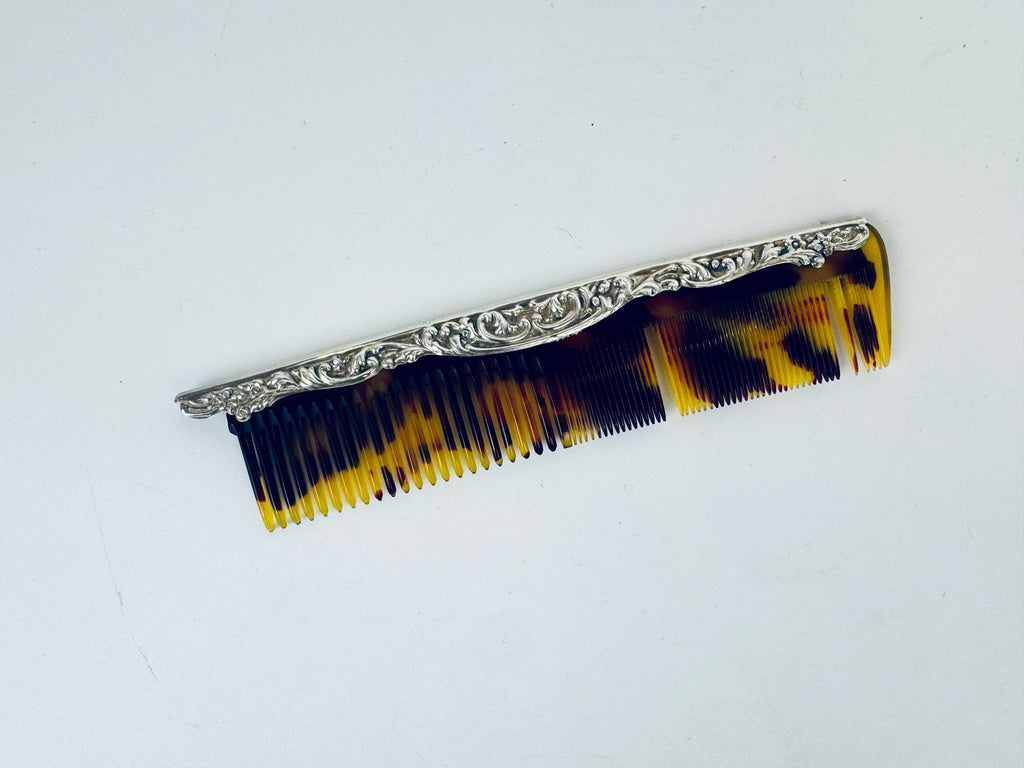 Antique 1910s Art Deco Sterling Silver Faux-Tortoiseshell Comb - Vanity Accessory