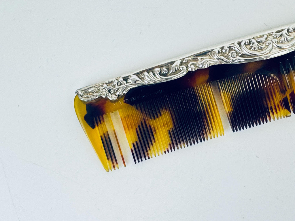 Antique 1910s Art Deco Sterling Silver Faux-Tortoiseshell Comb - Vanity Accessory