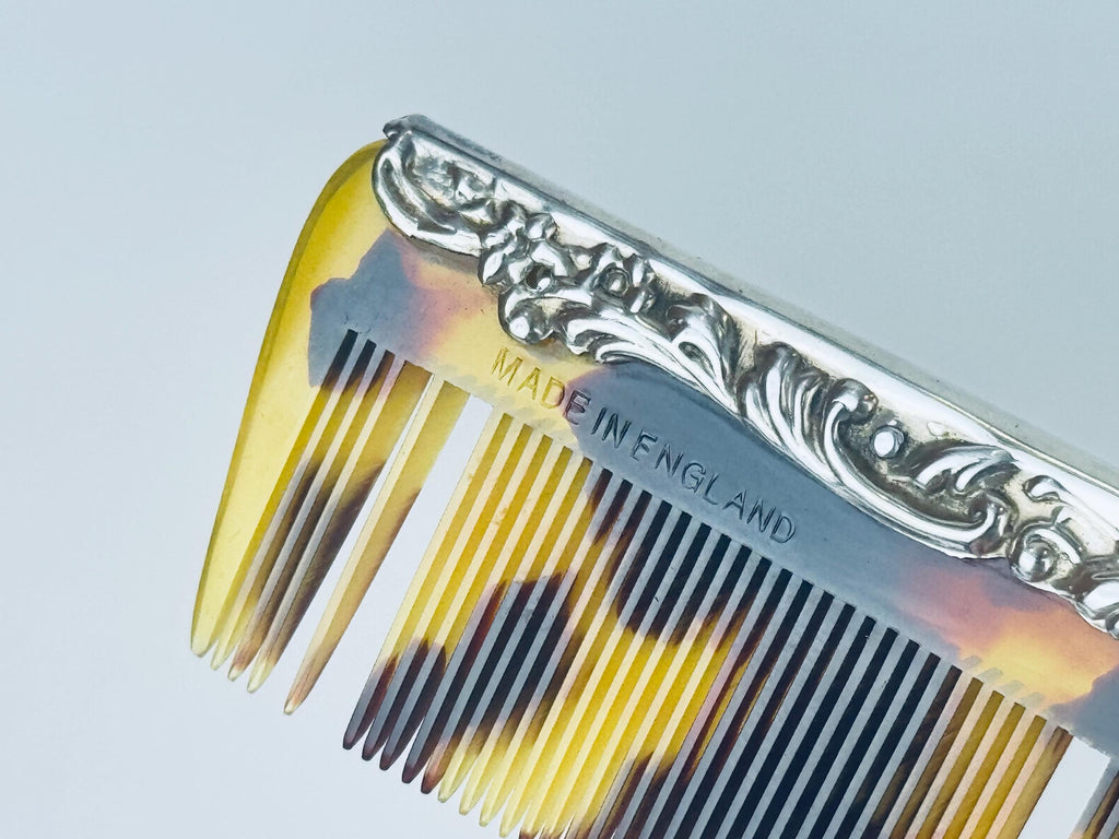 Antique 1910s Art Deco Sterling Silver Faux-Tortoiseshell Comb - Vanity Accessory