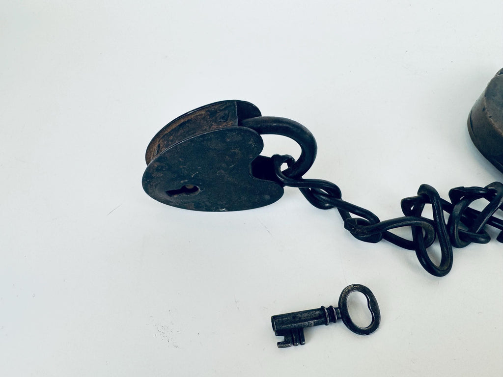 Antique + Rare 1870s Heart-Shaped Padlock Brass & Iron Railroad Lock  Original Chain + Key