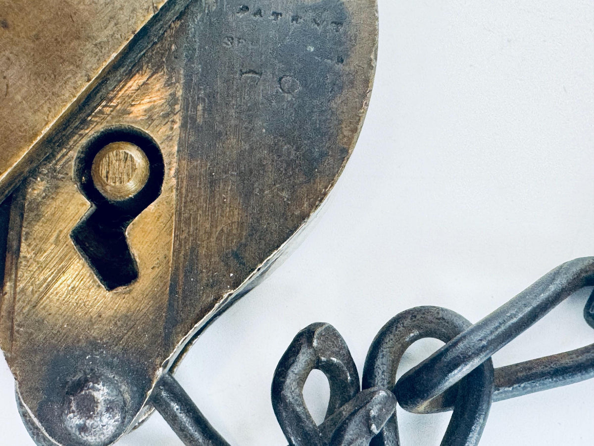 Antique + Rare 1870s Heart-Shaped Padlock Brass & Iron Railroad Lock  Original Chain + Key