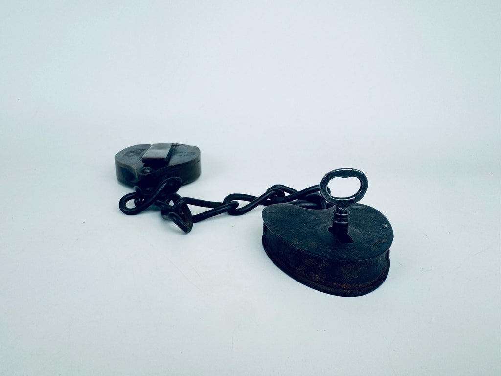 Antique + Rare 1870s Heart-Shaped Padlock Brass & Iron Railroad Lock  Original Chain + Key