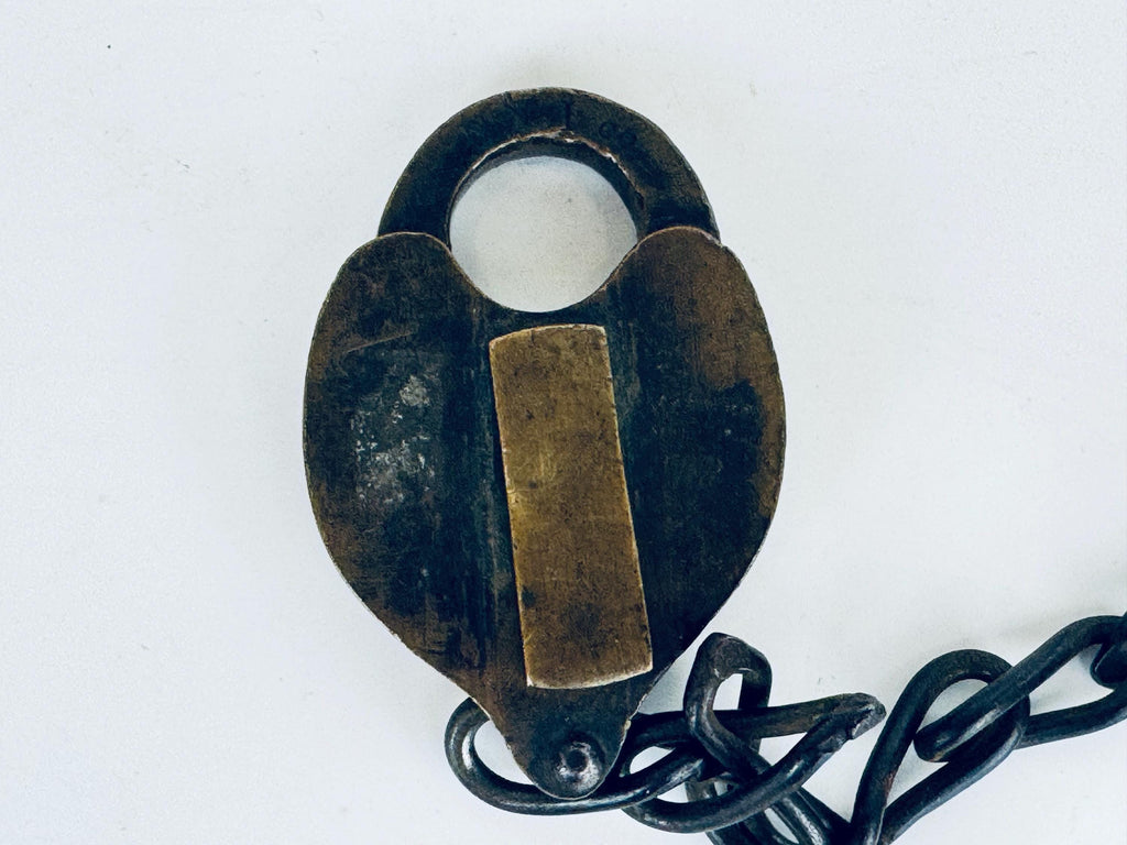 Antique + Rare 1870s Heart-Shaped Padlock Brass & Iron Railroad Lock  Original Chain + Key