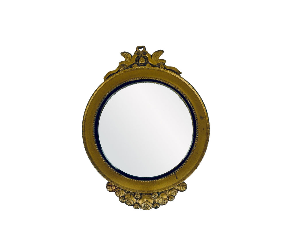 Vintage Small Brass Convex Wall Mounted Mirror - Neoclassical Dove & Rose Motif
