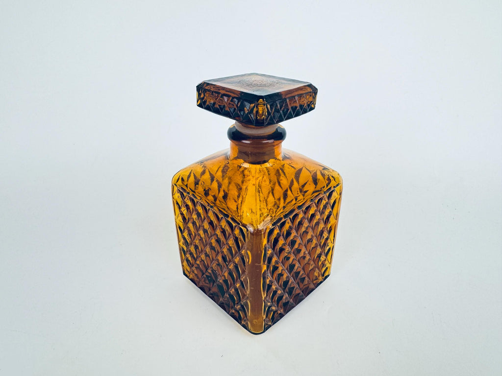 Vintage Amber 1960s American Diamond Glass Decanter with Ground Stopper