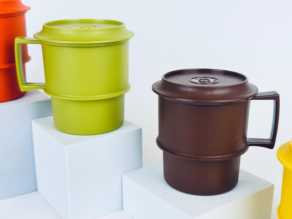 Vintage 1970s Plastic Tupperware Stackable Mugs Harvest Colours with Coaster Lids Set