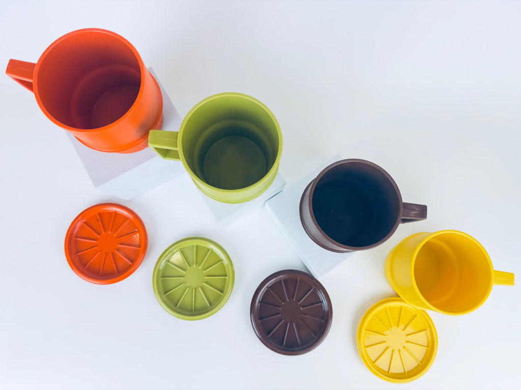 Vintage 1970s Plastic Tupperware Stackable Mugs Harvest Colours with Coaster Lids Set