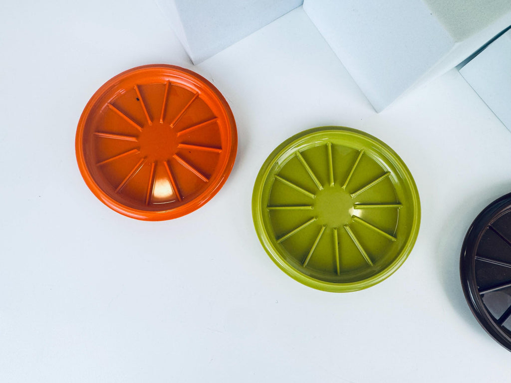 Vintage 1970s Plastic Tupperware Stackable Mugs Harvest Colours with Coaster Lids Set