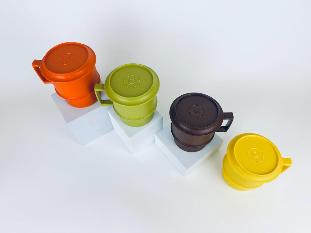Vintage 1970s Plastic Tupperware Stackable Mugs Harvest Colours with Coaster Lids Set