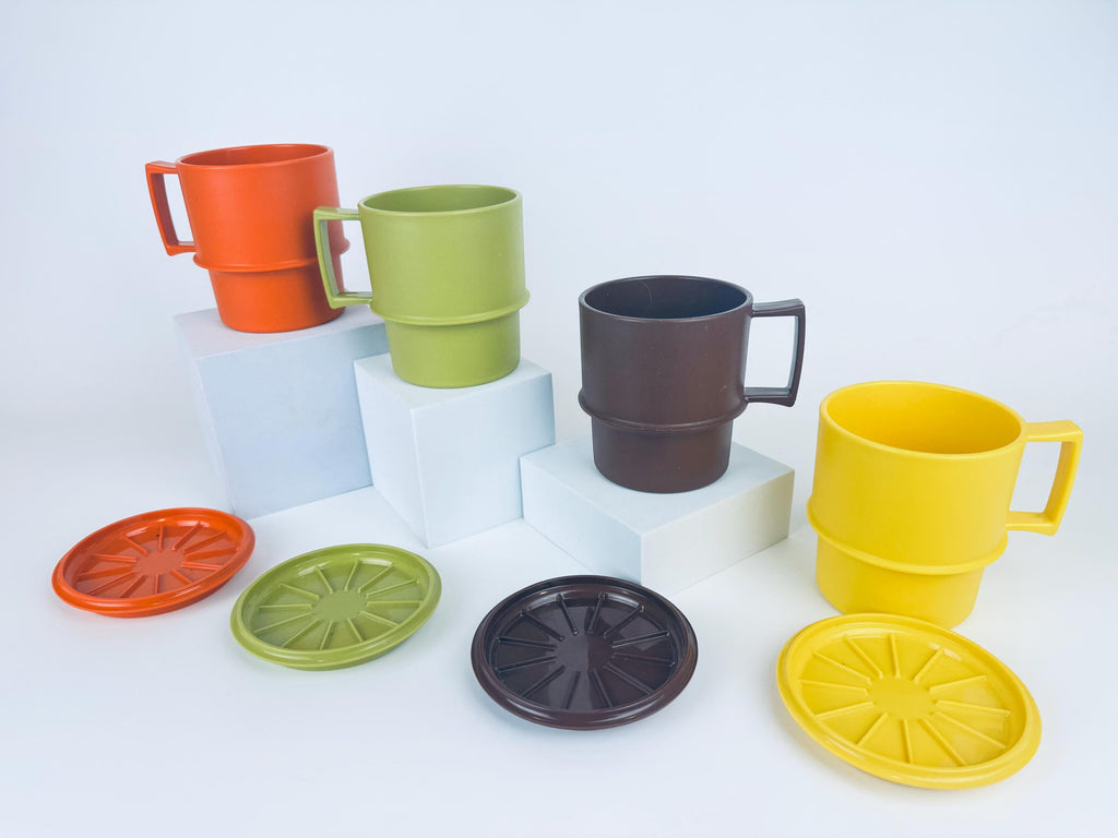 Vintage 1970s Plastic Tupperware Stackable Mugs Harvest Colours with Coaster Lids Set