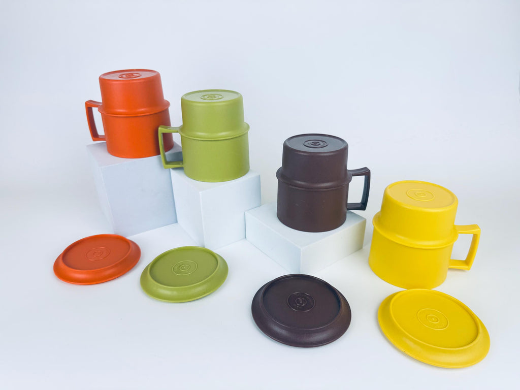 Vintage 1970s Plastic Tupperware Stackable Mugs Harvest Colours with Coaster Lids Set