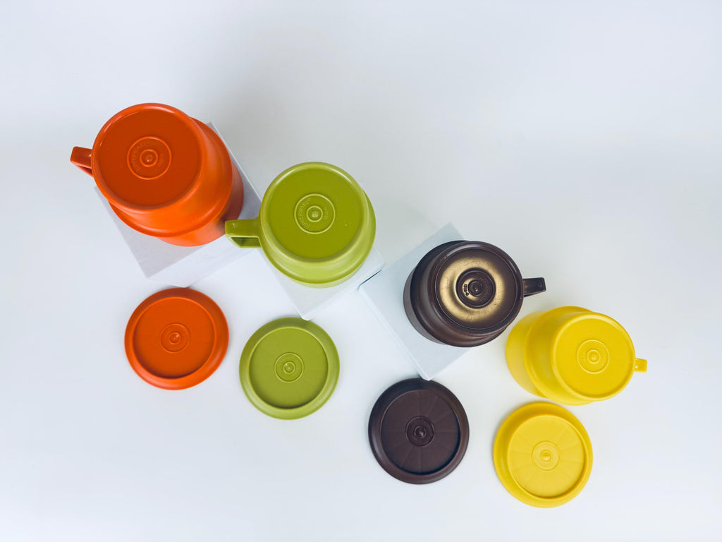 Vintage 1970s Plastic Tupperware Stackable Mugs Harvest Colours with Coaster Lids Set