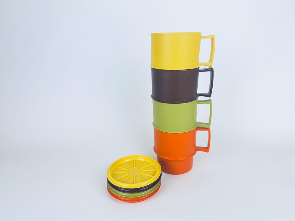 Vintage 1970s Plastic Tupperware Stackable Mugs Harvest Colours with Coaster Lids Set