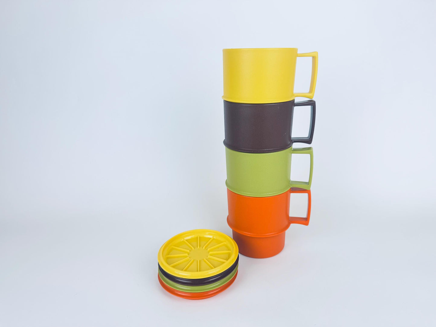 Vintage 1970s Plastic Tupperware Stackable Mugs Harvest Colours with Coaster Lids Set