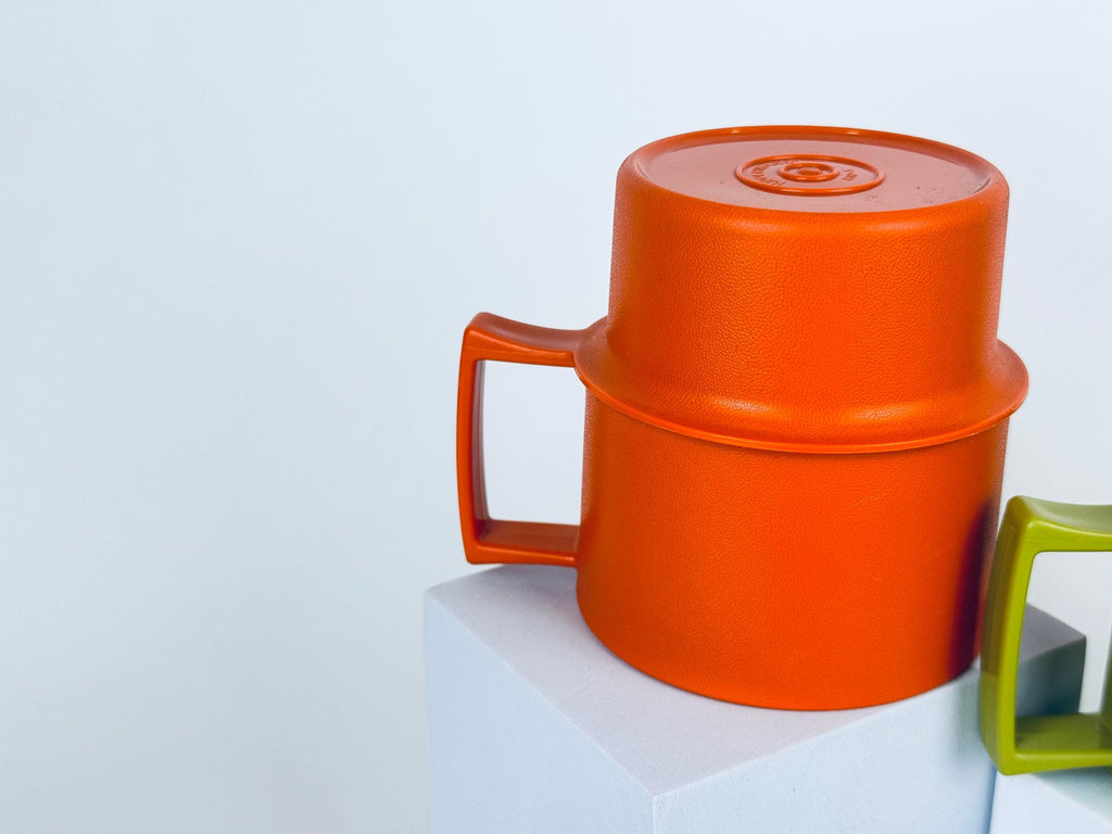 Vintage 1970s Plastic Tupperware Stackable Mugs Harvest Colours with Coaster Lids Set
