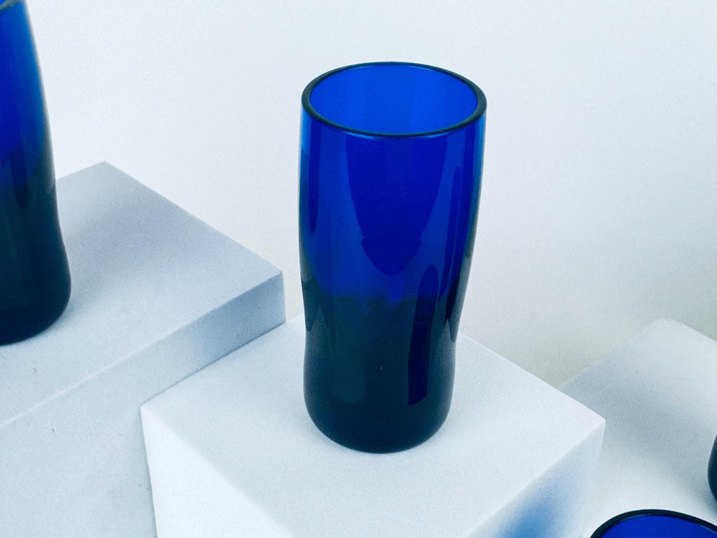 Vintage 1970s Cobalt Blue Handblown Glass Tumblers Thick Base Barware Set