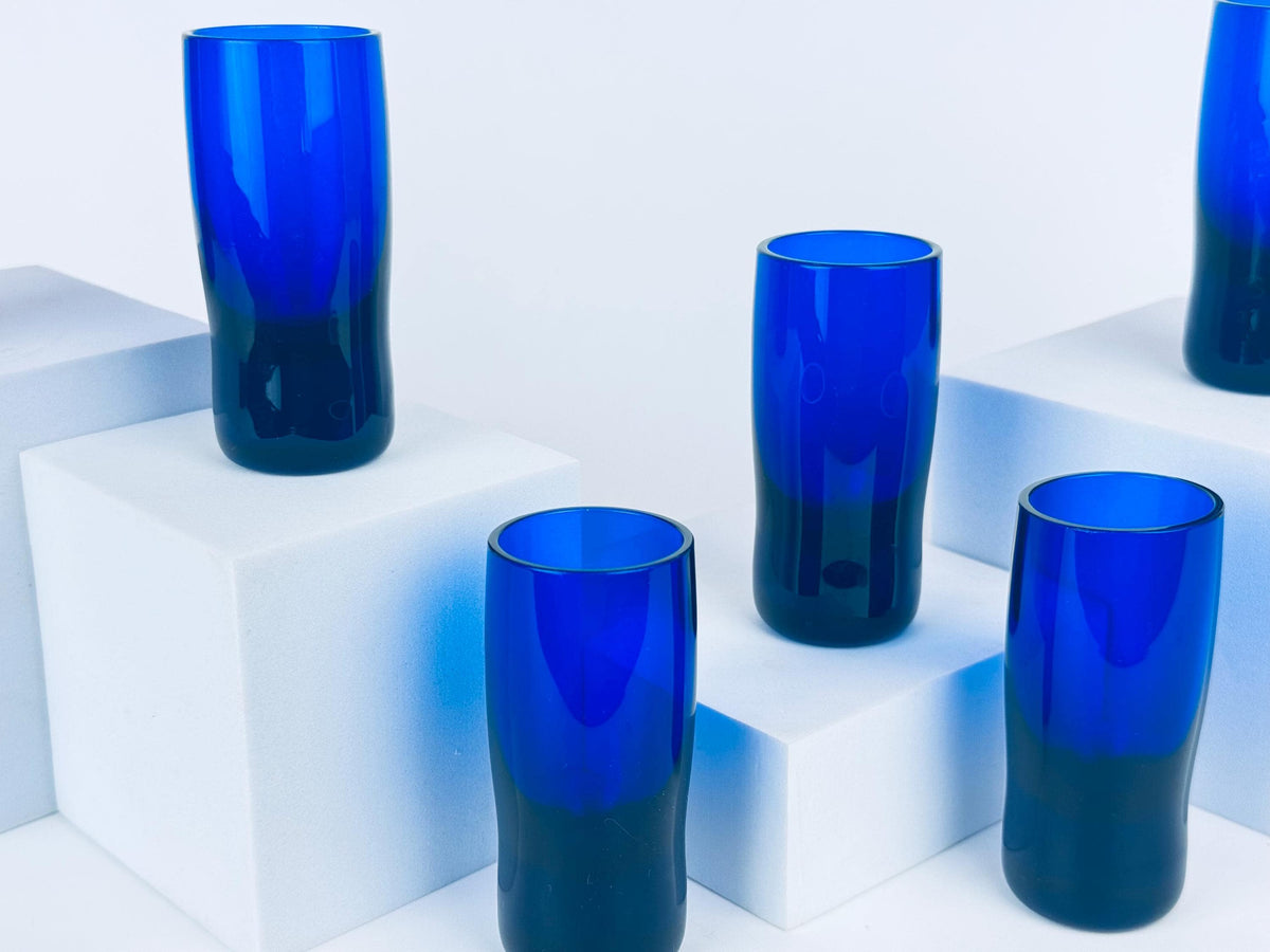 Vintage 1970s Cobalt Blue Handblown Glass Tumblers Thick Base Barware Set