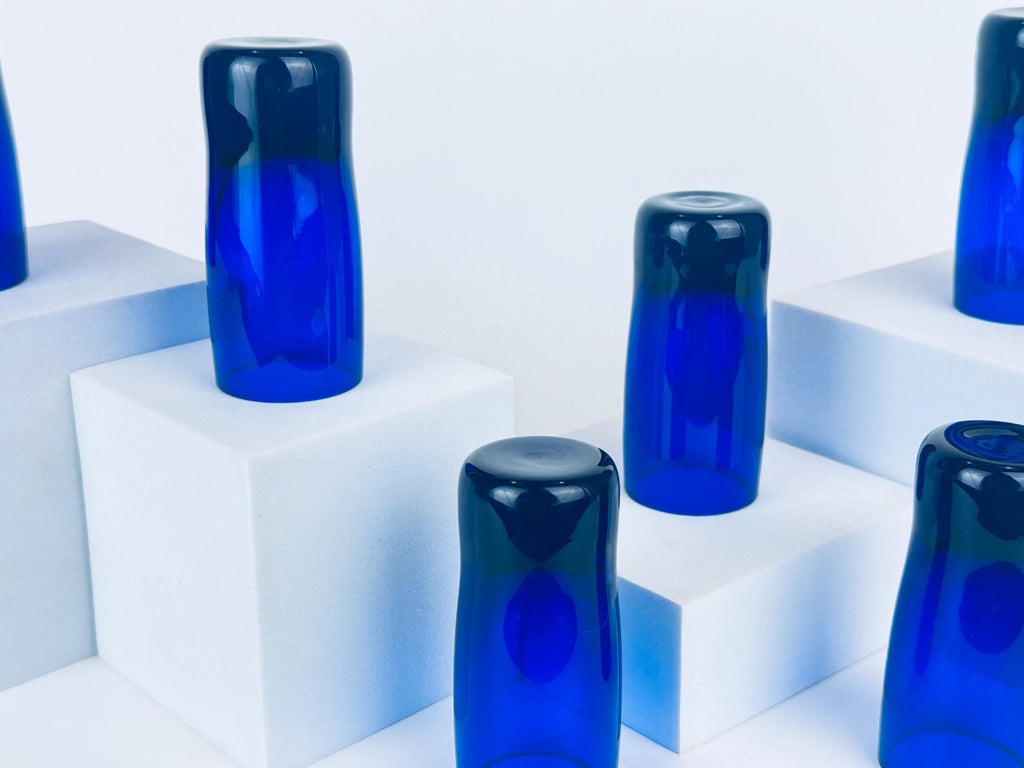 Vintage 1970s Cobalt Blue Handblown Glass Tumblers Thick Base Barware Set