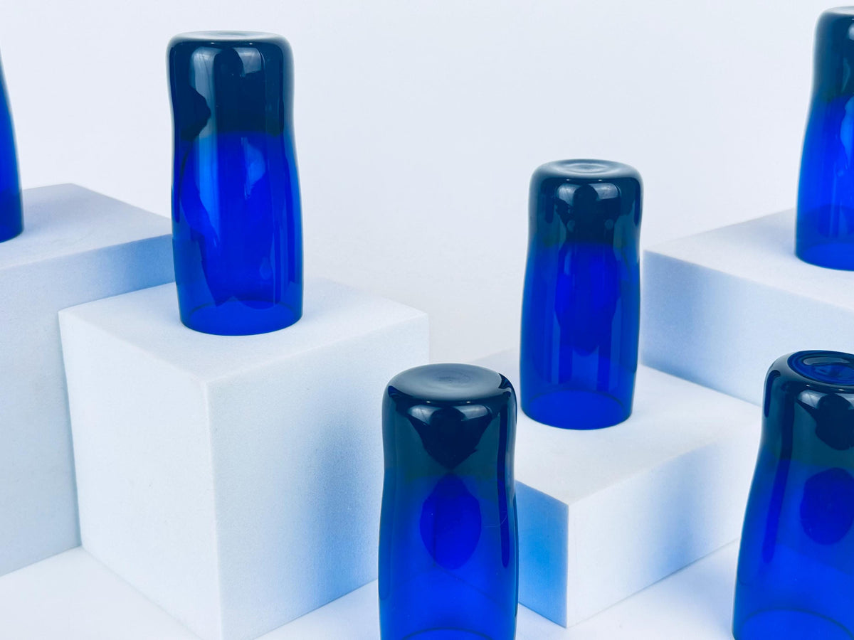Vintage 1970s Cobalt Blue Handblown Glass Tumblers Thick Base Barware Set