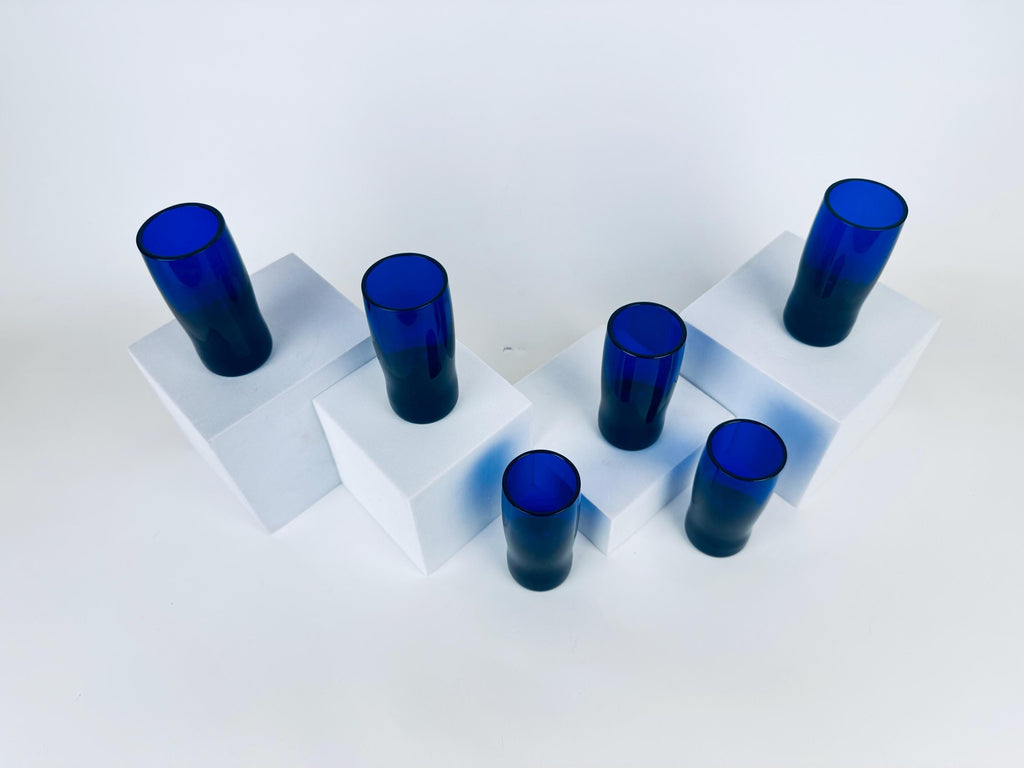 Vintage 1970s Cobalt Blue Handblown Glass Tumblers Thick Base Barware Set