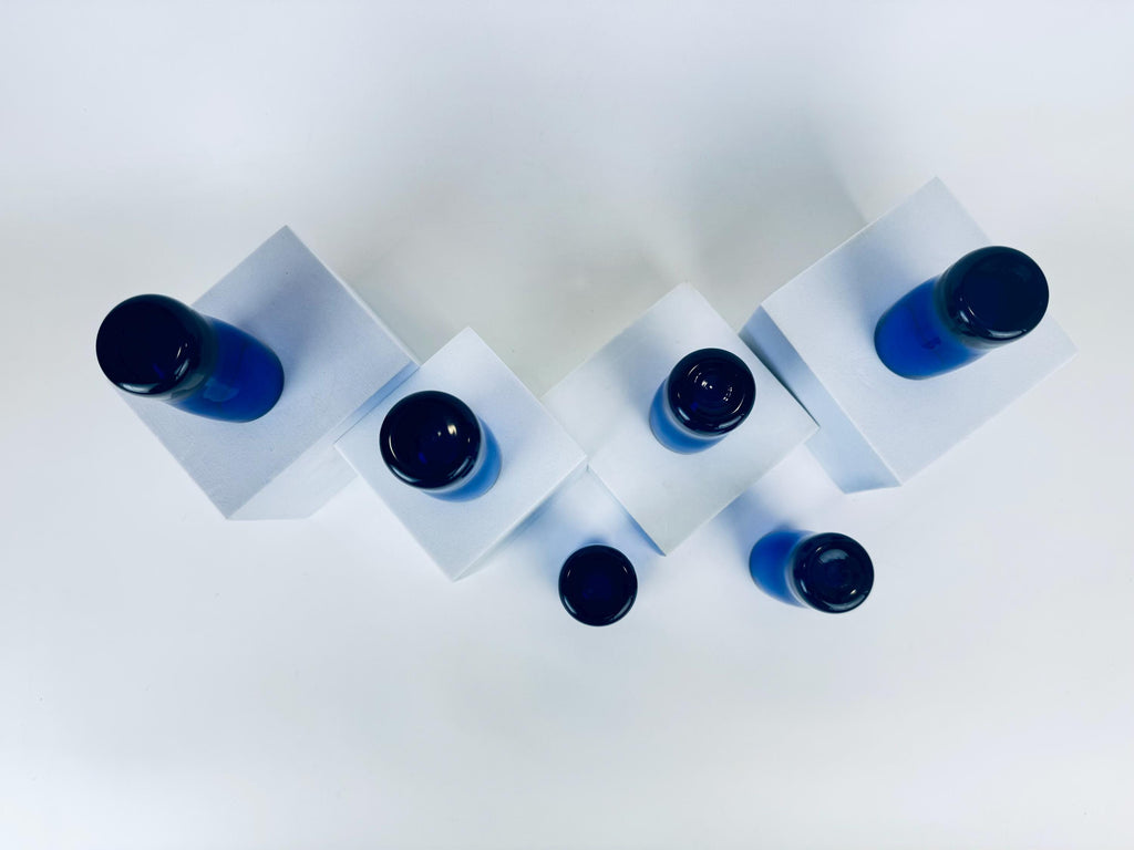 Vintage 1970s Cobalt Blue Handblown Glass Tumblers Thick Base Barware Set