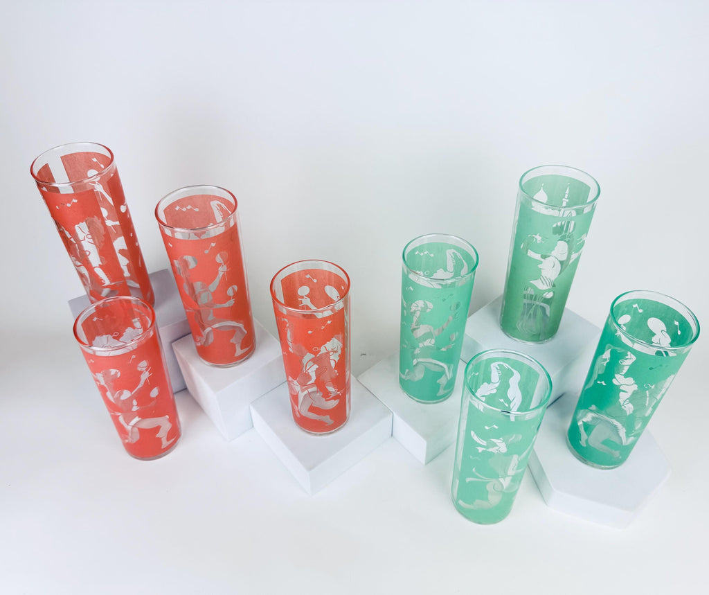 Vintage Dominion Glass Mid-Century Flamenco Dancer Frosted Highball Glasses - Sets Sold Separately