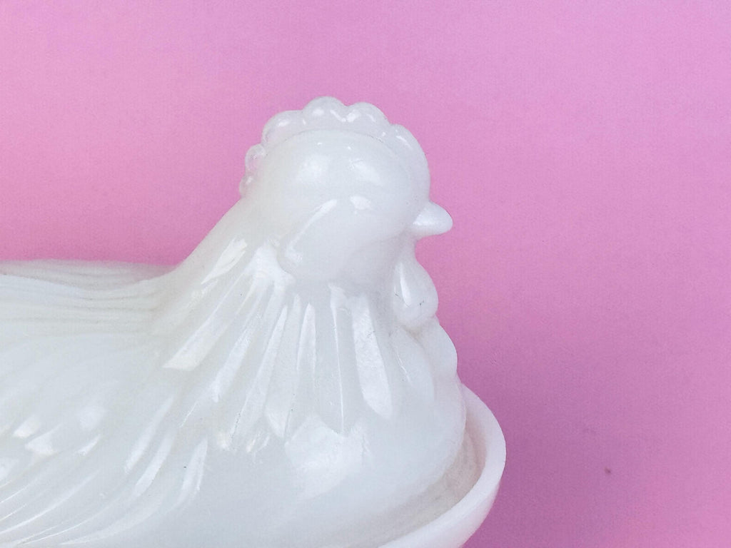 Vintage 1970s Milk-Glass Hen on Nest Covered Dish  Farmhouse Tabletop Accent