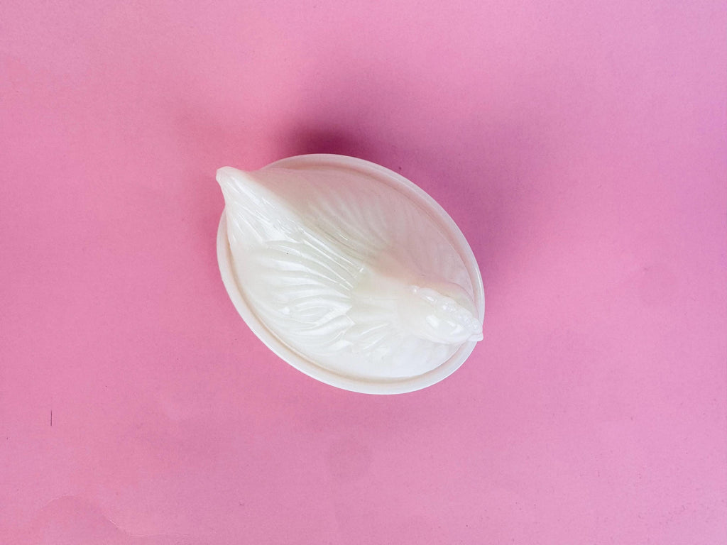 Vintage 1970s Milk-Glass Hen on Nest Covered Dish  Farmhouse Tabletop Accent