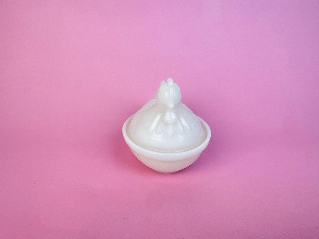 Vintage 1970s Milk-Glass Hen on Nest Covered Dish  Farmhouse Tabletop Accent