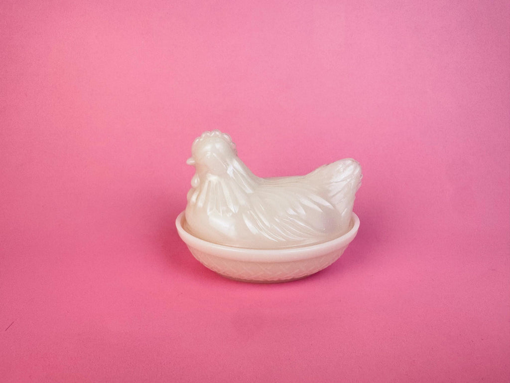 Vintage 1970s Milk-Glass Hen on Nest Covered Dish  Farmhouse Tabletop Accent