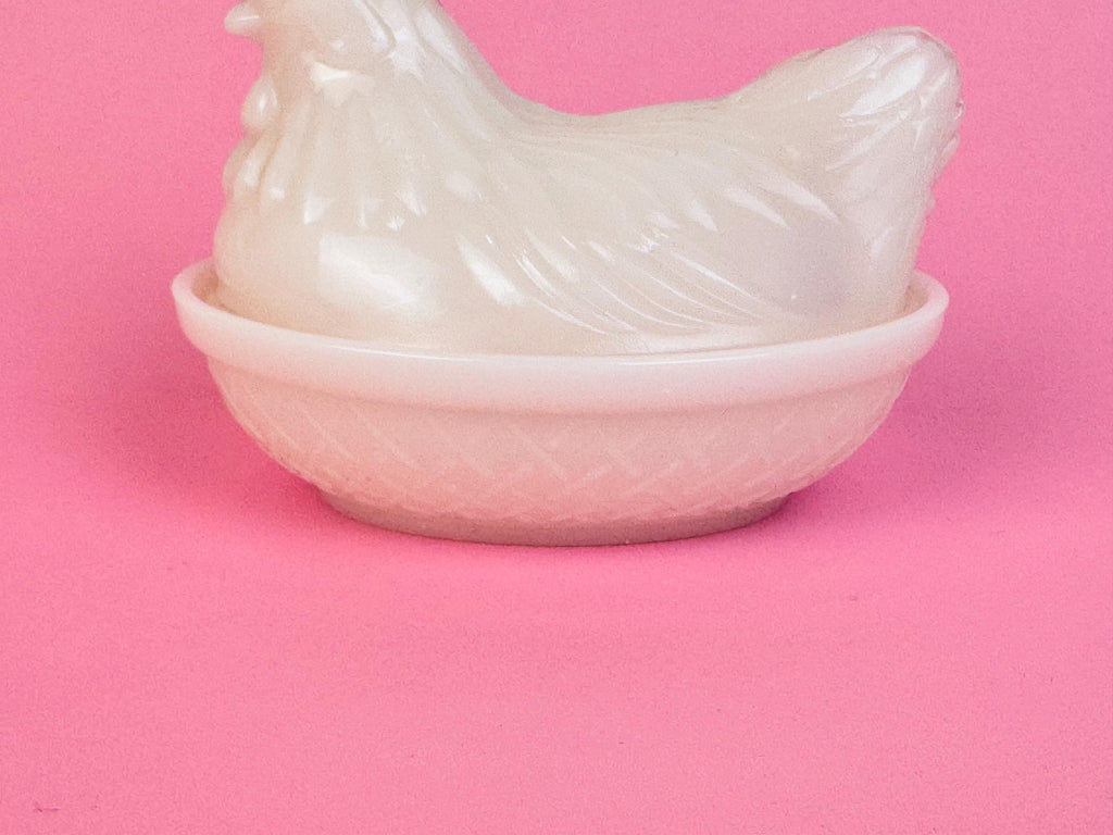 Vintage 1970s Milk-Glass Hen on Nest Covered Dish  Farmhouse Tabletop Accent