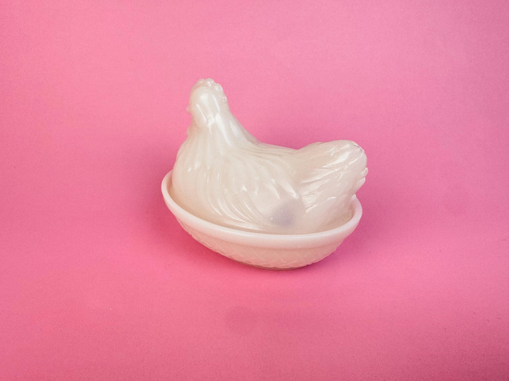 Vintage 1970s Milk-Glass Hen on Nest Covered Dish  Farmhouse Tabletop Accent