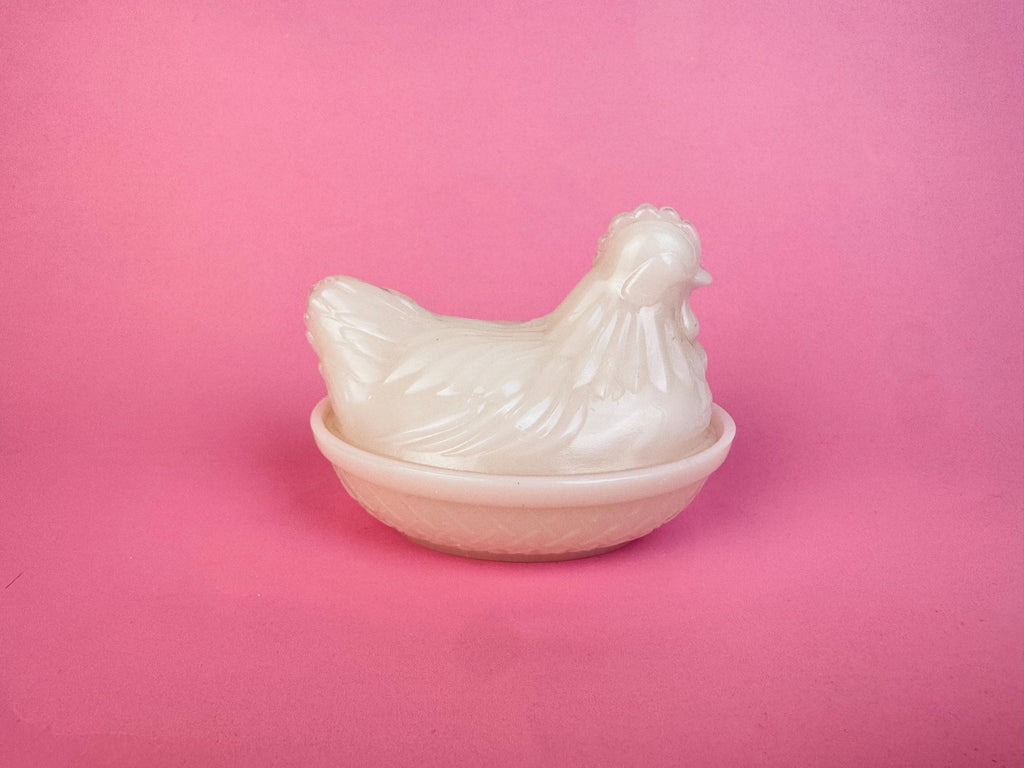 Vintage 1970s Milk-Glass Hen on Nest Covered Dish  Farmhouse Tabletop Accent