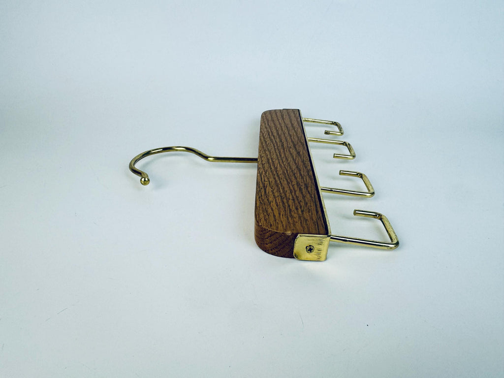Vintage 1970s Gold-Tone Oak Closet Hanging Belt Tie Organizer Rack