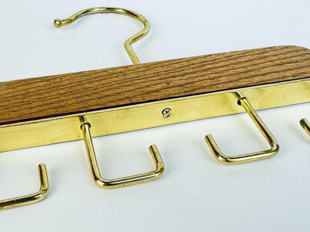 Vintage 1970s Gold-Tone Oak Closet Hanging Belt Tie Organizer Rack
