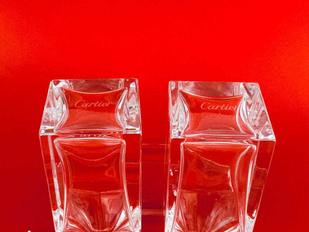 Vintage 1980s Clear Crystal Cartier Cruet Pair - Glass Oil & Vinegar Bottles