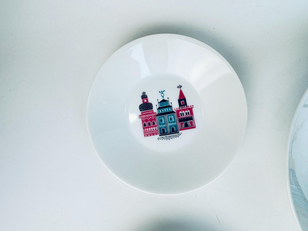 Vintage 1970s White German Porcelain City Scene Dessert Bowl Set