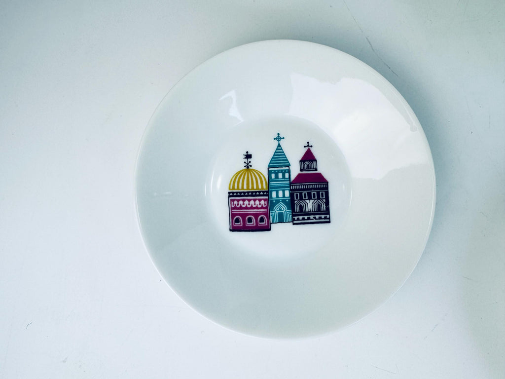 Vintage 1970s White German Porcelain City Scene Dessert Bowl Set