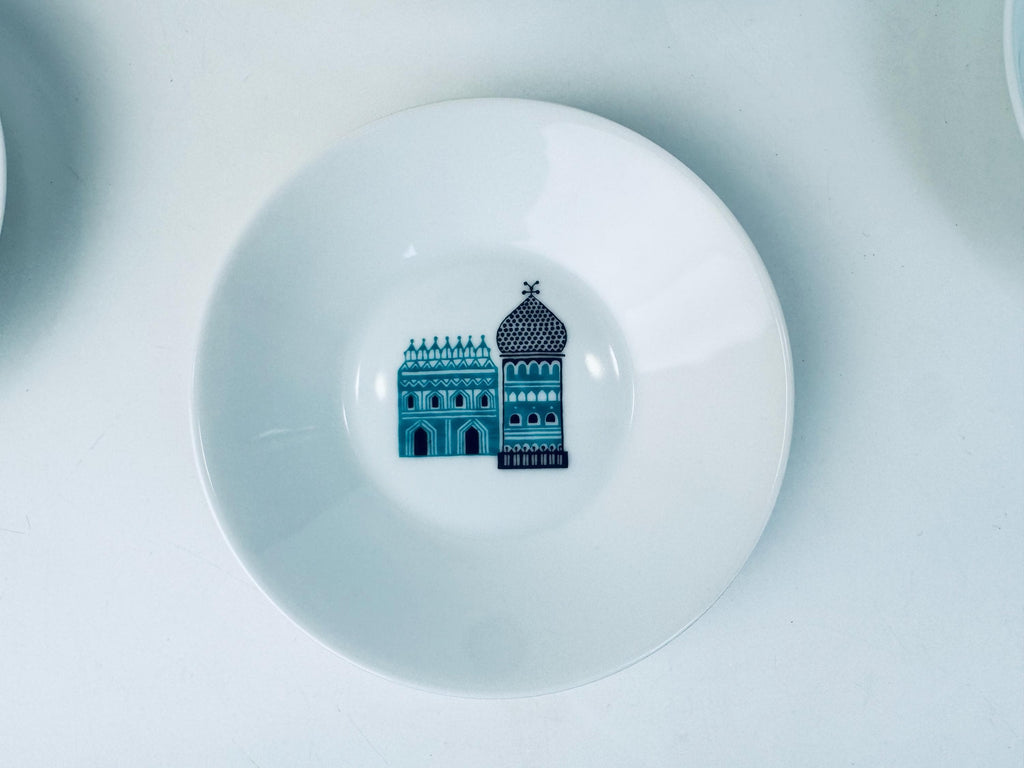 Vintage 1970s White German Porcelain City Scene Dessert Bowl Set