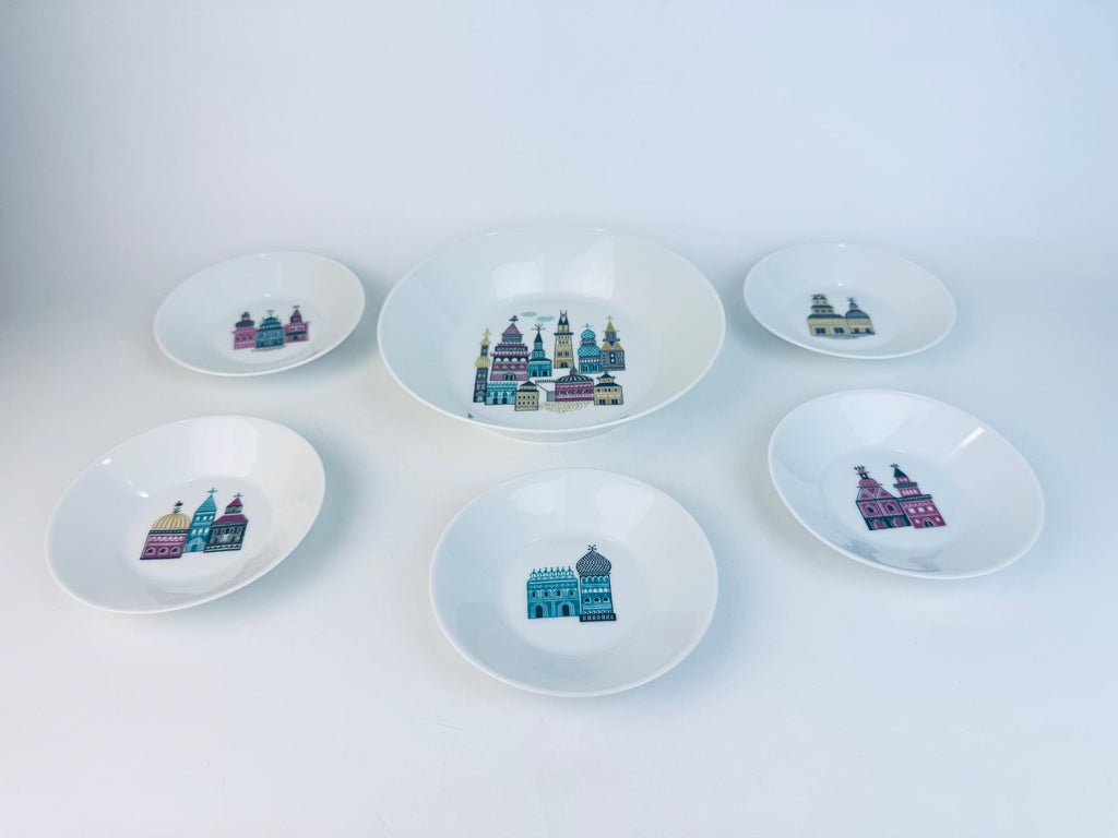 Vintage 1970s White German Porcelain City Scene Dessert Bowl Set