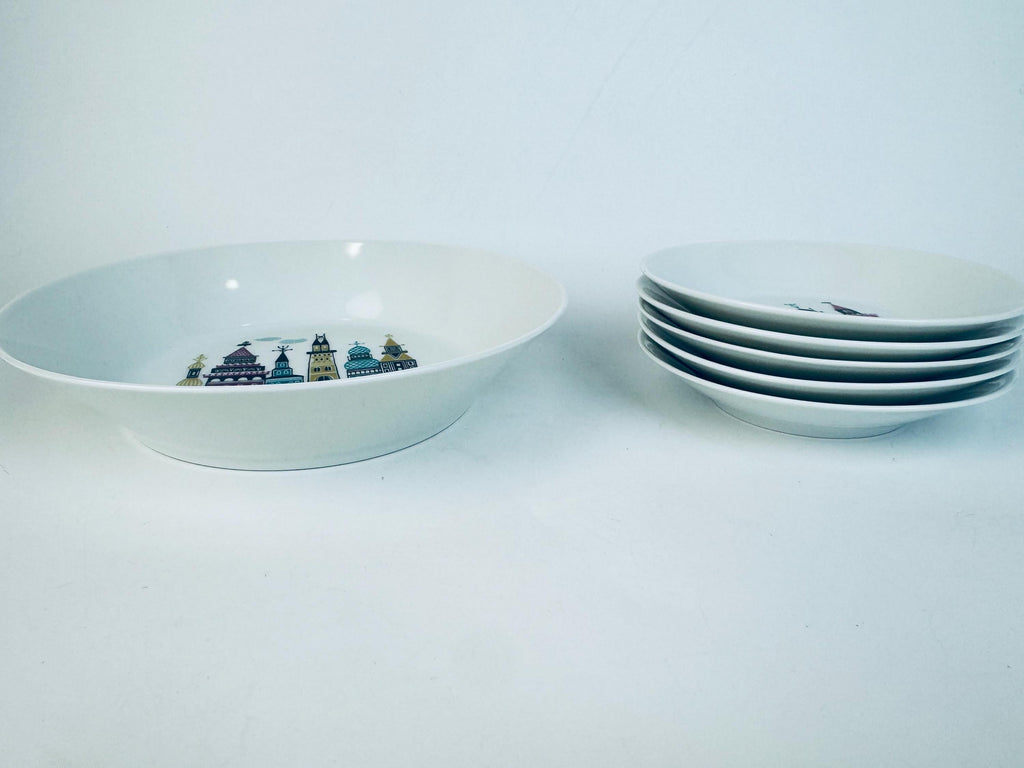 Vintage 1970s White German Porcelain City Scene Dessert Bowl Set