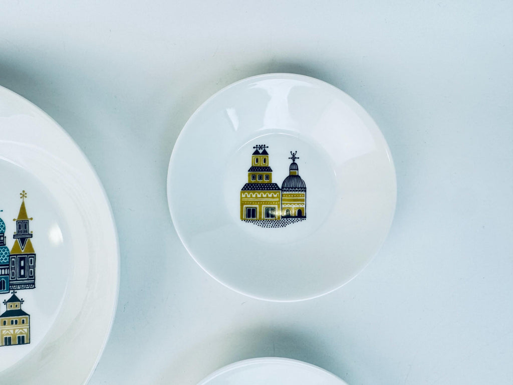 Vintage 1970s White German Porcelain City Scene Dessert Bowl Set