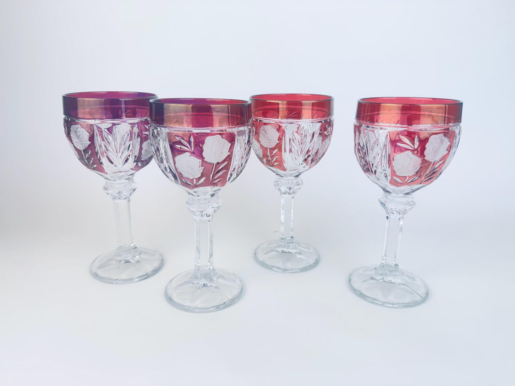 Vintage Ruby Flash Cut Glass 1970s Rose Stemware Wine Goblets Set