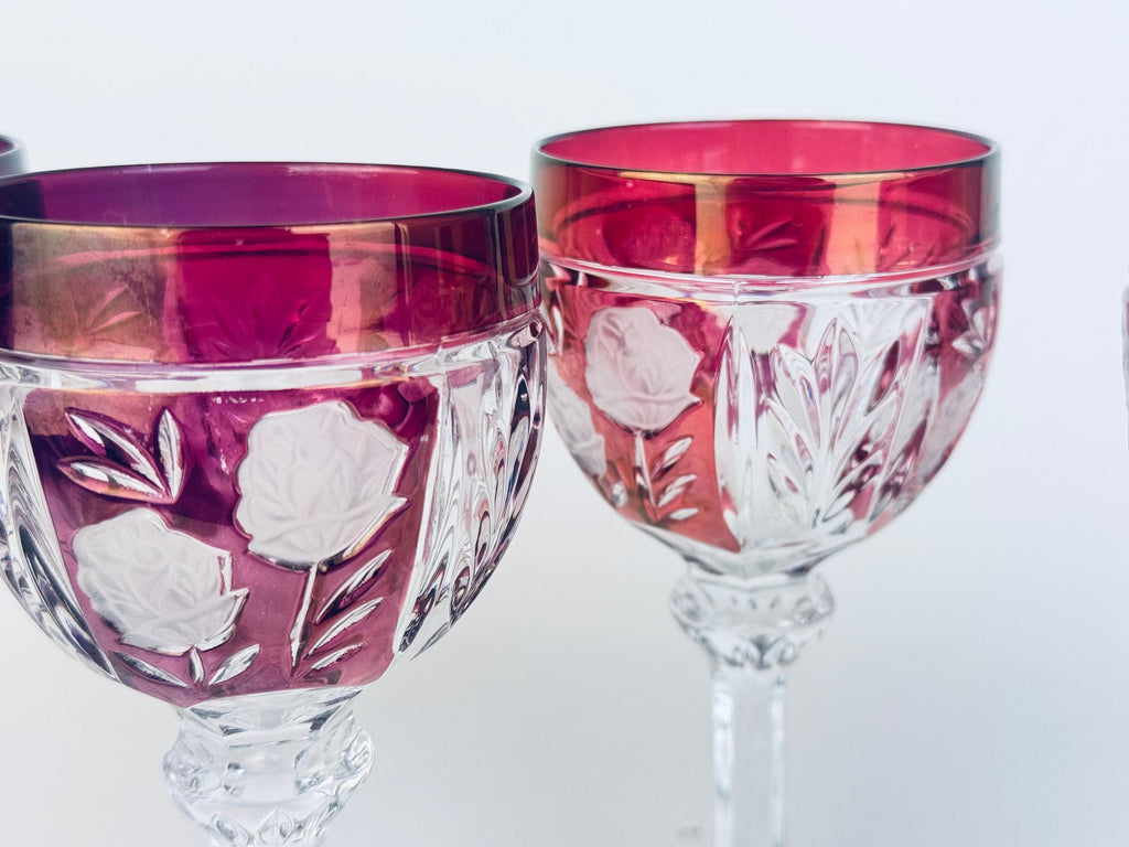 Vintage Ruby Flash Cut Glass 1970s Rose Stemware Wine Goblets Set