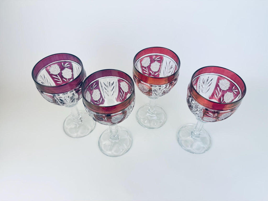 Vintage Ruby Flash Cut Glass 1970s Rose Stemware Wine Goblets Set