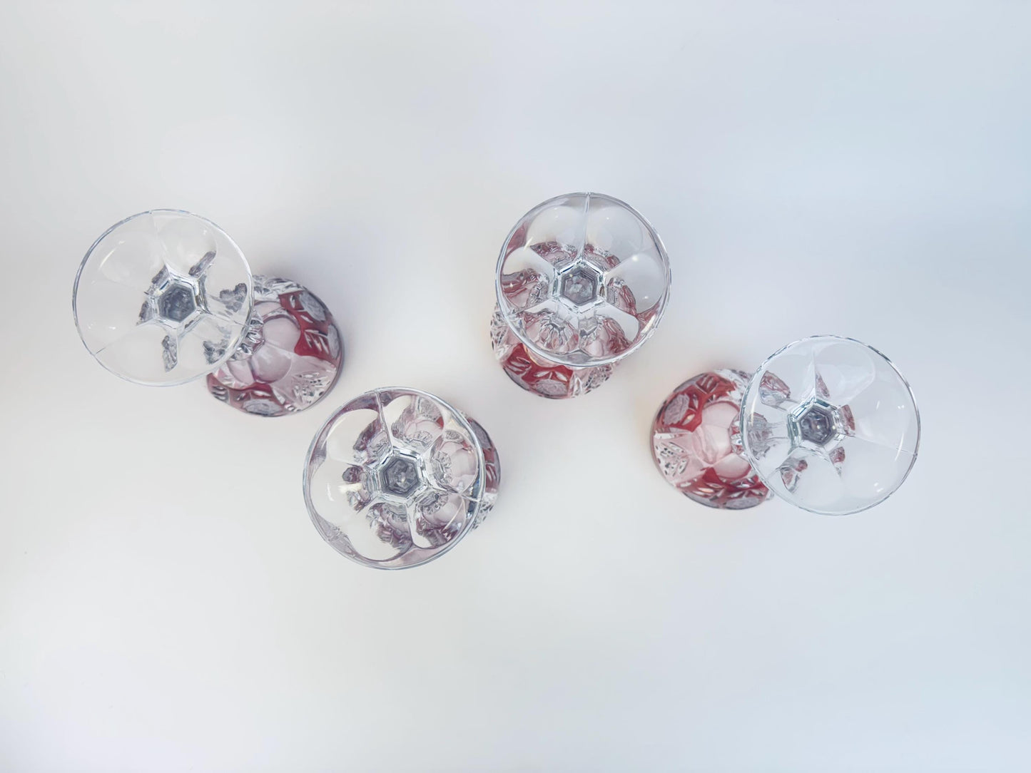 Vintage Ruby Flash Cut Glass 1970s Rose Stemware Wine Goblets Set