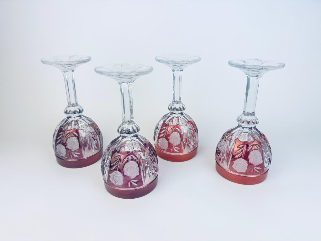 Vintage Ruby Flash Cut Glass 1970s Rose Stemware Wine Goblets Set