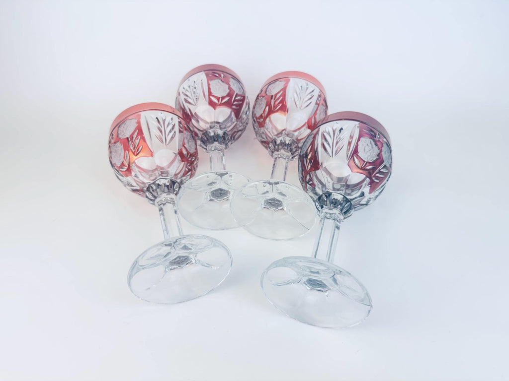Vintage Ruby Flash Cut Glass 1970s Rose Stemware Wine Goblets Set