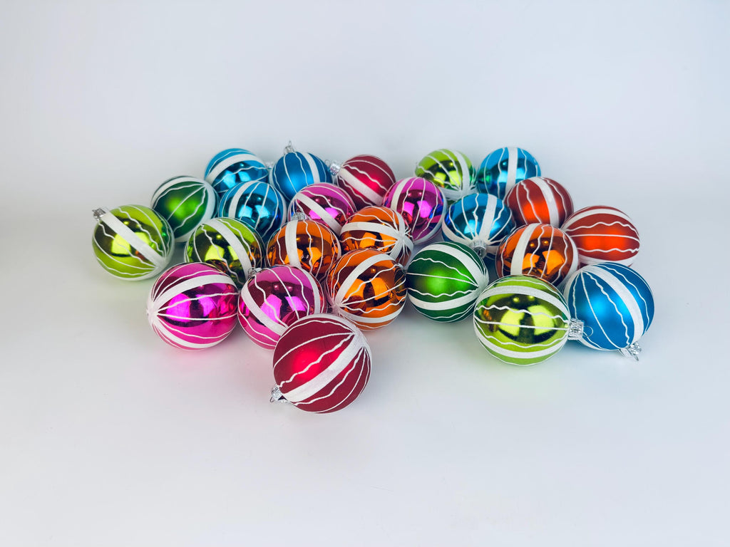 Vintage Hand-Painted 1970s Plastic Christmas Ornaments Multi-Colour Ball - Set of 12