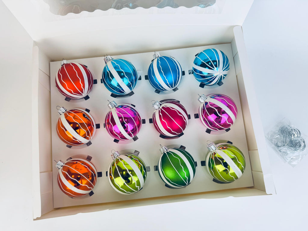 Vintage Hand-Painted 1970s Plastic Christmas Ornaments Multi-Colour Ball - Set of 12
